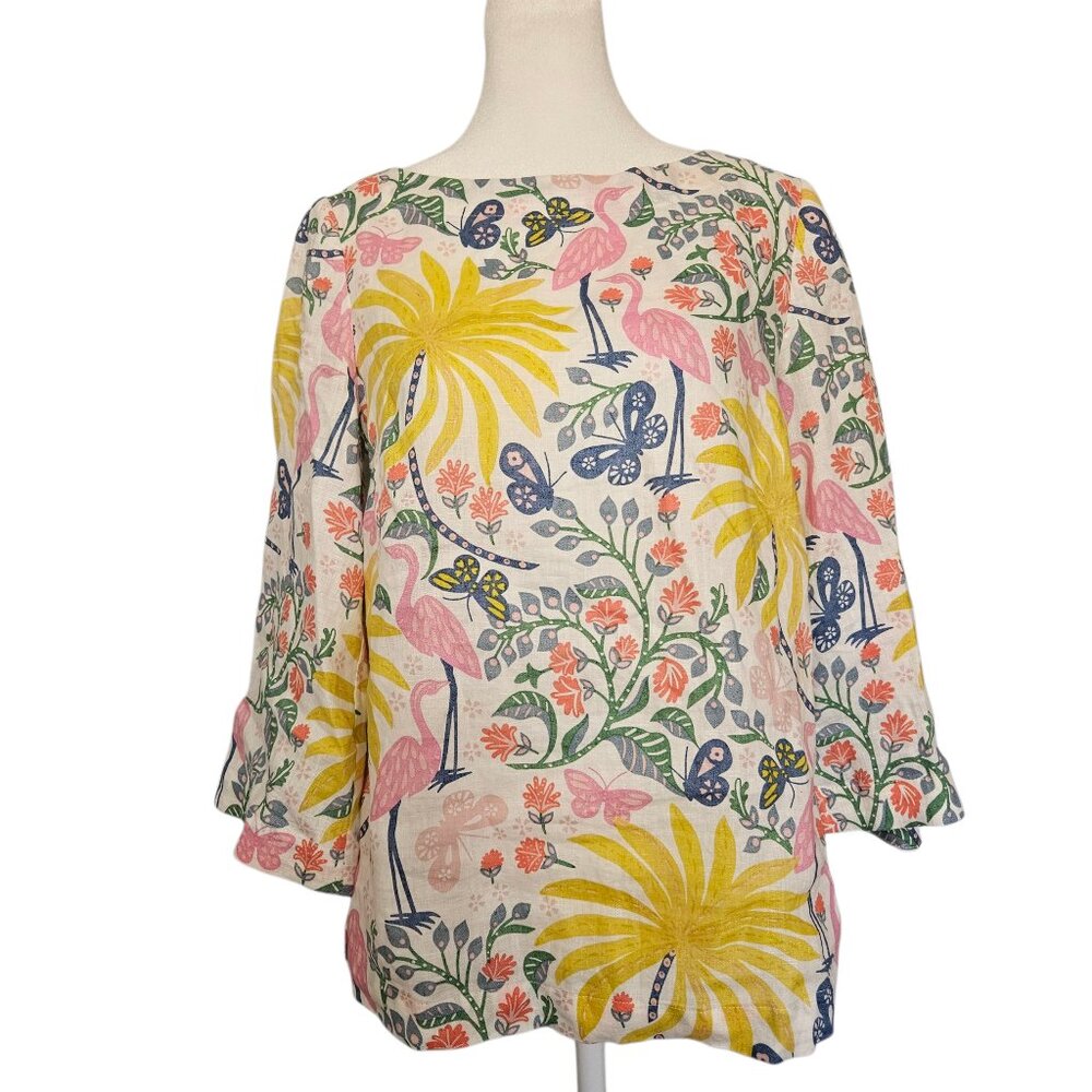 Boden 100% Linen Women's Top SZ US 2 UK 6 White Floral Bird Pullover Tropical